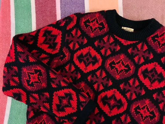 Vintage Knit Wool Ski Sweater / Red Black / 60s /
