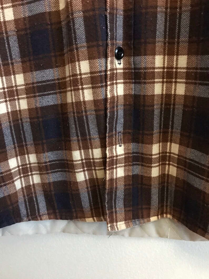 Quilted Plaid Flannel Heavy Vintage Shirt Jacket Brown Blue 80s 1980s Eighties Mens Womens Medium Large Western Cowboy Farm Utility