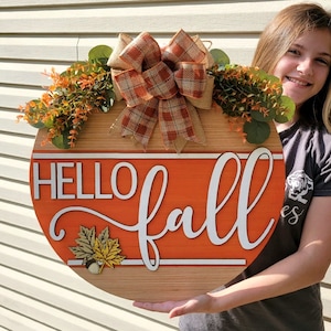 Hello Fall Front Door Hanger Decor - Wood Raised Letters - Fall Pumpkin Door Sign - Fall Wreath