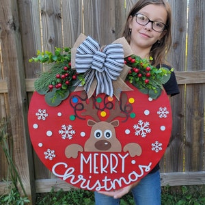 Merry Christmas Door Hanger - Christmas Front Door Decor - Christmas Tree Door Sign - Christmas Wood Wreath - Peaking Reindeer