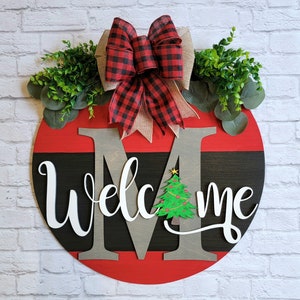 Welcome Christmas Door Hanger - Family Initial Door Sign  - Christmas Front Door Decor - Christmas Tree Door Sign - Christmas Wood Wreath