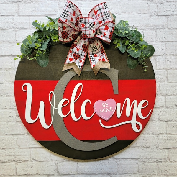 Welcome Valentine Door Hanger - Family Initial Door Sign  - Valentine Front Door Decor - Conversation Heart Door Sign - Heart Wood Wreath