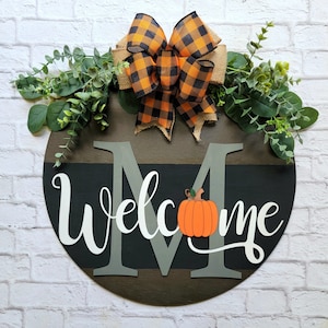 Welcome Fall Door Hanger - Family Initial Door Sign - Wood Raised Letters - Fall Front Door Decor - Fall Pumpkin Door Sign - Fall Wreath