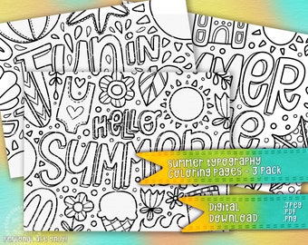 Páginas para colorear de tipografía de verano 3 Pack / Páginas para colorear de temporada / Archivo de descarga digital PNG JPEG PDF
