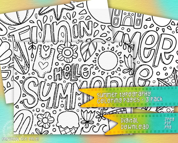 Summer Typography Coloring Pages 3 Pack  Seasonal Coloring