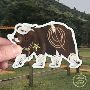 Cowboy Bear Illustrated Sticker, Glitter Vinyl | Illustrated Bear Sticker, Cute Bear Sticker, Adorable Sticker