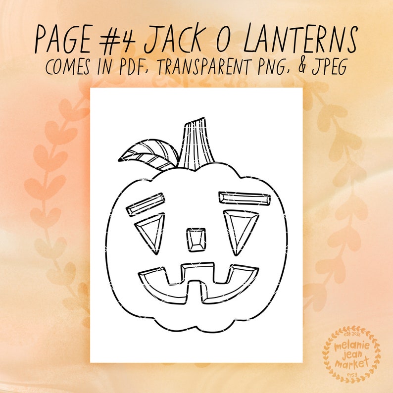 Puede incluir: Un dibujo en blanco y negro de una calabaza de Halloween con una cara simple y amigable. La calabaza tiene un tallo y una hoja. El texto "PAGE #4 JACK O LANTERNS COMES IN PDF, TRANSPARENT PNG, & JPEG" est&aacute; en la parte superior de la imagen.