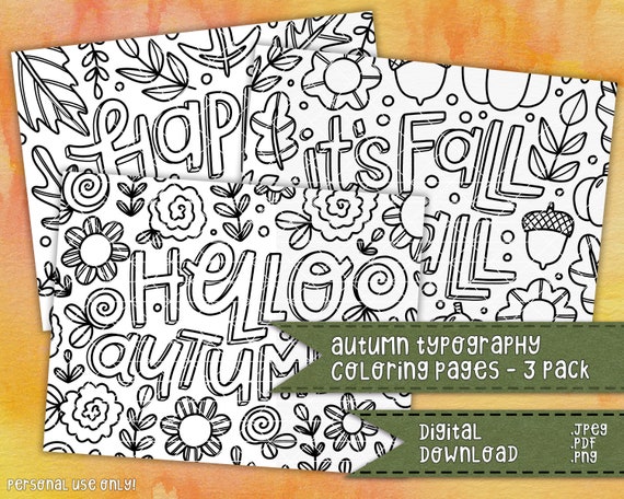 Autumn Typography Coloring Pages 3 Pack  Fall Typography