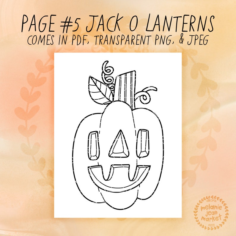 Puede incluir: Un dibujo en blanco y negro de una calabaza de Halloween con una cara sonriente. La calabaza tiene un tallo con una hoja y un remolino. Los ojos y la boca est&aacute;n hechos de formas geom&eacute;tricas.