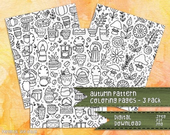 Autumn Patterns Coloring Pages 3 Pack | Fall Patterns Seasonal Coloring Pages | Digital Download File PNG JPEG PDF