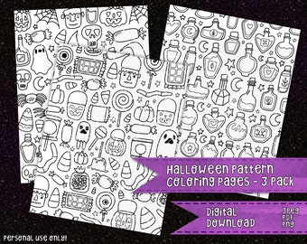 Halloween Spooky Patterns Coloring Pages 3 Pack | October Patterns Seasonal Coloring Pages | Digital Download File PNG JPEG PDF