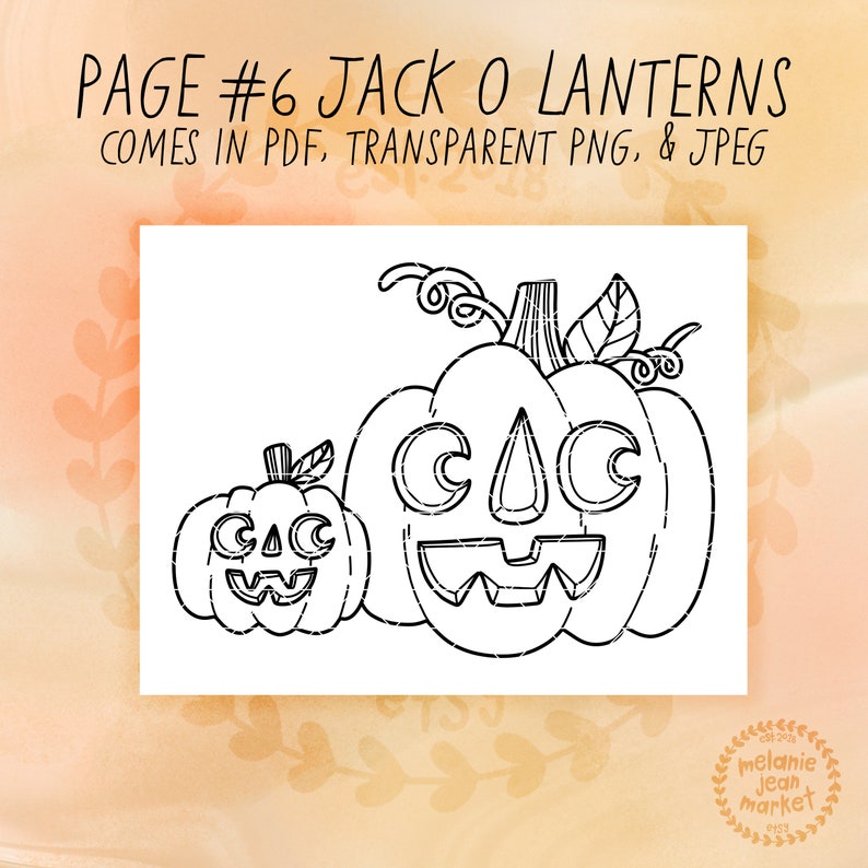 Puede incluir: Un dibujo en blanco y negro de dos calabazas de Halloween. La calabaza m&aacute;s grande tiene una amplia sonrisa con una nariz triangular y ojos en forma de media luna. La calabaza m&aacute;s peque&ntilde;a tiene una sonrisa m&aacute;s peque&ntilde;a con una nariz triangular y dos ojos en forma de media luna. PAGE #6 JACK O LANTERNS COMES IN PDF, TRANSPARENT PNG, & JPEG