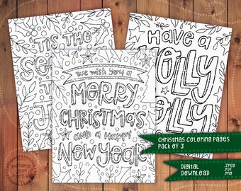 Páginas para colorear de Navidad 3 Pack / Tipografía Páginas para colorear de vacaciones / Archivo de descarga digital PNG JPEG PDF