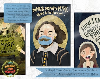 Carteles de máscaras y lavado de manos para profesores de inglés, descarga digital - Carteles de descarga instantánea 11x17 para profesores de inglés, escuela secundaria