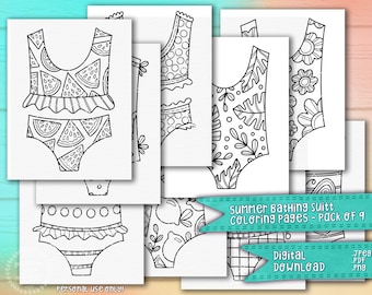 Summer Bathing Suits & Bikinis Coloring Pages 9 Pack | Seasonal Coloring Pages | Digital Download File PNG JPEG PDF