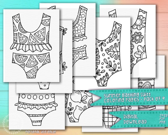 Summer Bathing Suits & Bikinis Coloring Pages 9 Pack