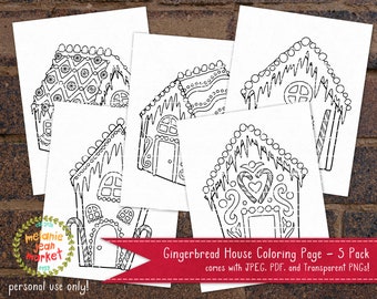 Gingerbread House Coloring Pages 5 Pack | Typography Holiday Coloring Pages | Digital Download File PNG JPEG PDF