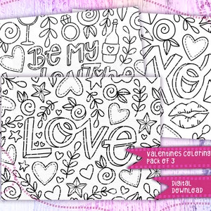 Valentine&#39;s Day Coloring Pages 3 Pack | Typography Love-Themed Coloring Pages | Digital Download File PNG JPEG PDF