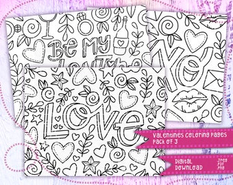 Páginas para colorear del Día de San Valentín 3 Pack / Tipografía Páginas para colorear con temática de amor / Archivo de descarga digital PNG JPEG PDF