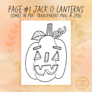 Puede incluir: Un dibujo en blanco y negro de una calabaza de Halloween con una cara simple y amigable. La calabaza tiene un tallo, una hoja y una enredadera rizada. El texto "PAGE #1 JACK O LANTERNS COMES IN PDF, TRANSPARENT PNG, & JPEG" est&aacute; en la parte superior de la imagen.
