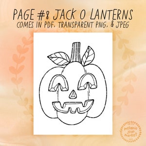 Puede incluir: Un dibujo en blanco y negro de una calabaza de Halloween con una amplia sonrisa y dos ojos. La calabaza tiene un tallo y dos hojas. El texto "PAGE #8 JACK O LANTERNS COMES IN PDF, TRANSPARENT PNG, & JPEG" est&aacute; en la parte superior de la imagen.