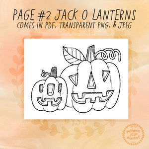 Puede incluir: Un dibujo en blanco y negro de dos calabazas de Halloween. La calabaza m&aacute;s grande tiene una nariz y ojos triangulares, y una amplia sonrisa. La calabaza m&aacute;s peque&ntilde;a tiene una nariz y ojos cuadrados, y una amplia sonrisa. El texto "PAGE #2 JACK O LANTERNS COMES IN PDF, TRANSPARENT PNG, & JPEG" est&aacute; en la parte superior de la imagen.