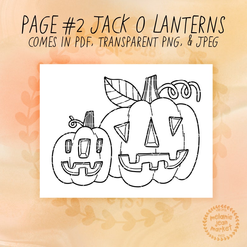 Puede incluir: Un dibujo en blanco y negro de dos calabazas de Halloween. La calabaza m&aacute;s grande tiene una nariz y ojos triangulares, y una amplia sonrisa. La calabaza m&aacute;s peque&ntilde;a tiene una nariz y ojos cuadrados, y una amplia sonrisa. El texto "PAGE #2 JACK O LANTERNS COMES IN PDF, TRANSPARENT PNG, & JPEG" est&aacute; en la parte superior de la imagen.