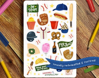 Baseball Sticker Sheet | Bullet Journal Sticker Sheet, Cute Sticker Sheet, Sporty Stickers