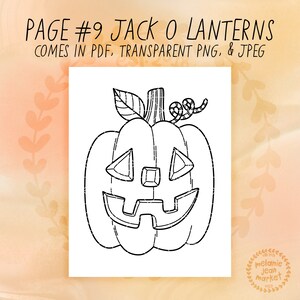 Puede incluir: Un dibujo en blanco y negro de una calabaza de Halloween con una sonrisa burlona y ojos en forma de diamante. La calabaza tiene un tallo con una hoja rizada. El texto "PAGE #9 JACK O LANTERNS COMES IN PDF, TRANSPARENT PNG, & JPEG" est&aacute; en la parte superior de la imagen.