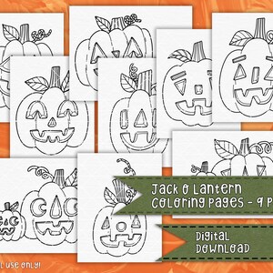 Puede incluir: Nueve p&aacute;ginas para colorear imprimibles en blanco y negro con calabazas de jack-o'-lantern con diferentes expresiones faciales. El texto "Jack o Lantern Coloring Pages - 9 Pack" est&aacute; en la parte superior de la imagen. El texto "Digital Download" est&aacute; en la parte inferior de la imagen. El texto ".Jpeg .PDF .png" est&aacute; en la parte inferior derecha de la imagen.
