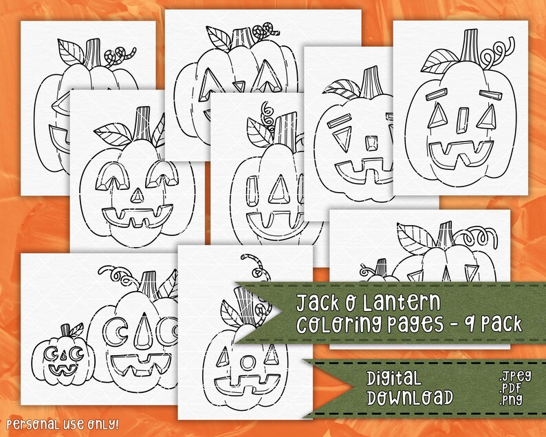 Puede incluir: Nueve p&aacute;ginas para colorear imprimibles en blanco y negro con calabazas de jack-o'-lantern con diferentes expresiones faciales. El texto "Jack o Lantern Coloring Pages - 9 Pack" est&aacute; en la parte superior de la imagen. El texto "Digital Download" est&aacute; en la parte inferior de la imagen. El texto ".Jpeg .PDF .png" est&aacute; en la parte inferior derecha de la imagen.