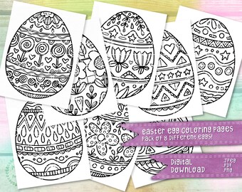 Easter Egg Coloring Pages 8 Pack | April, Spring Coloring Pages | Digital Download File PNG JPEG PDF