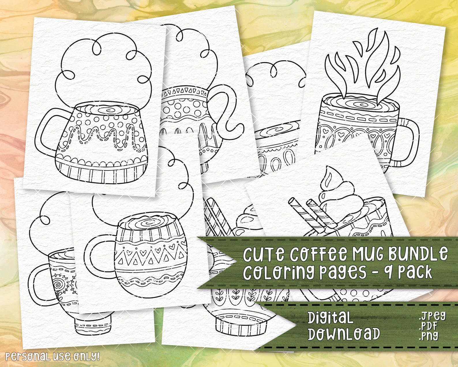 Coffee Mug Cute Coloring Pages 9 Pack Coffee Mugs Coloring Etsy