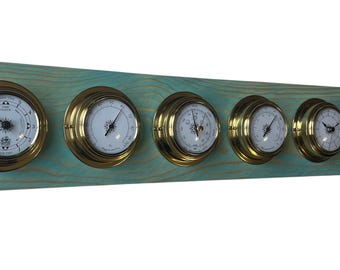 Estación meteorológica - Barómetro, reloj, higrómetro, termómetro, reloj de mareas - Madera maciza y latón