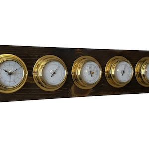 Weerstation - getijdenklok barometer hygrometer thermometer klok - massief hout en messing