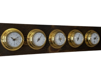 Weather Station - Tide Clock Barometer Hygrometer Thermometer Clock - Solid Wood and Brass