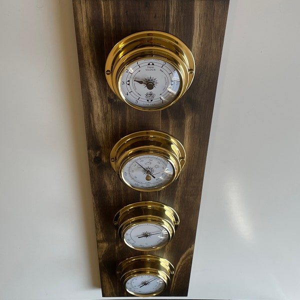 Weather Station - Tide Clock Barometer Hygrometer Thermometer - Solid Wood and Brass