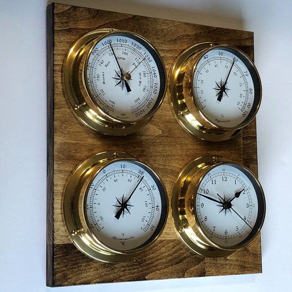 Weather Station - Barometer Clock/ Tide Clock Hygrometer Thermometer - Solid Wood and Brass