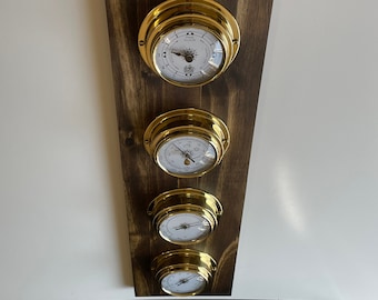 Weather Station - Tide Clock Barometer Hygrometer Thermometer - Solid Wood and Brass