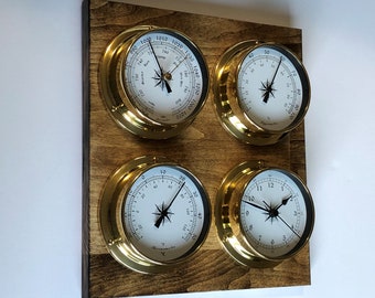 Weather Station - Barometer Clock/ Tide Clock Hygrometer Thermometer - Solid Wood and Brass