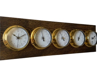 Weather Station - Tide Clock Barometer Hygrometer Thermometer Clock - Solid Wood and Brass