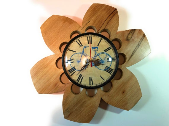 Wall Clock Natural Sycamore Wood 12 Vintage Bicycle