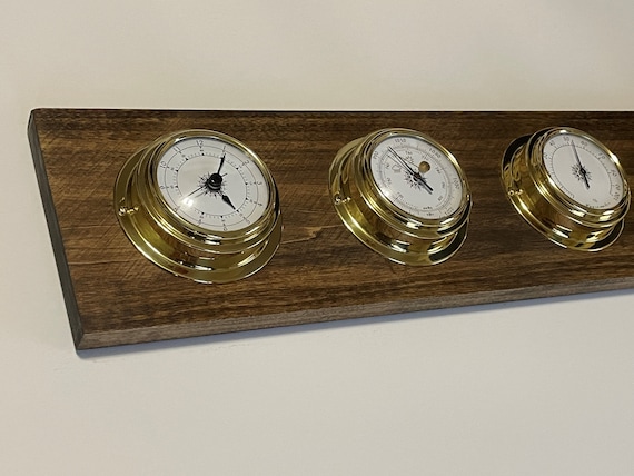 Weather Station Barometer Clock Hygrometer Thermometer Solid Wood and Brass  