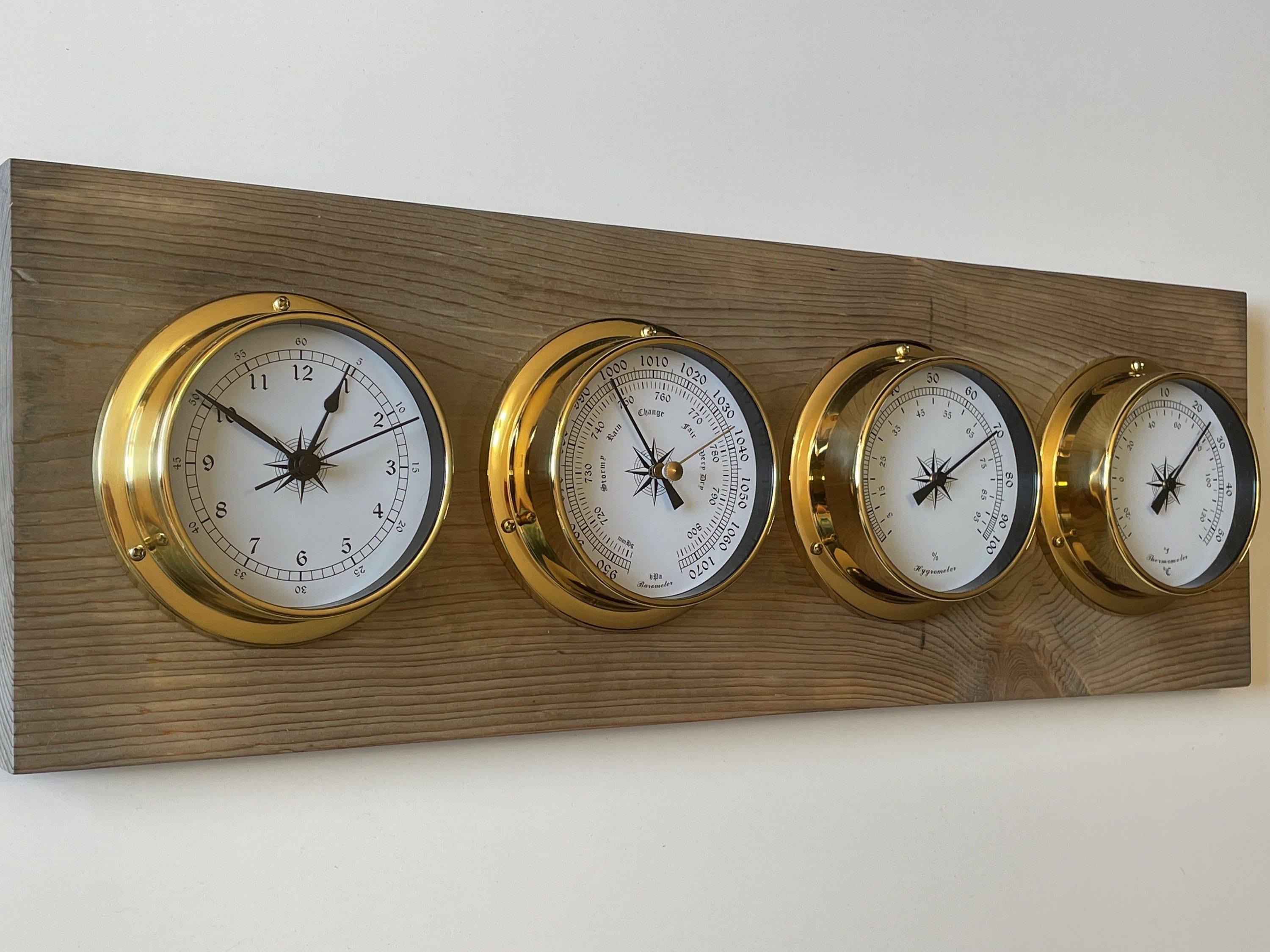 Weather Station Barometer Clock Hygrometer Thermometer Solid Wood and Brass  