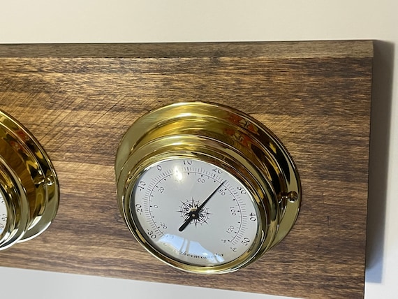 Weather Station Barometer Clock Hygrometer Thermometer Solid Wood and Brass  