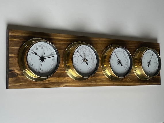 Weather Station Barometer Clock Hygrometer Thermometer Solid Wood and Brass  