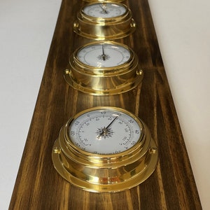 Weather Station - Barometer Clock Hygrometer Thermometer - Solid Wood and Brass