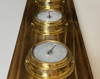 Weather Station - Barometer Clock Hygrometer Thermometer - Solid Wood and Brass