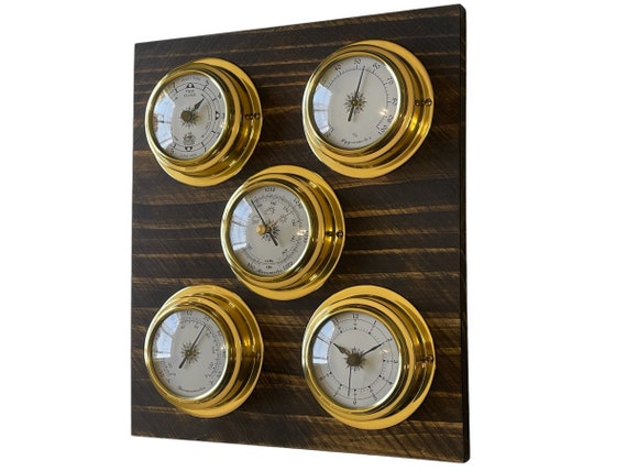 Weather Station - Tide Clock Barometer  Hygrometer Thermometer Clock - Wood and Brass
