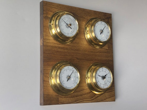 Weather Station Barometer Clock/ Tide Clock Hygrometer Thermometer Wood and  Brass 